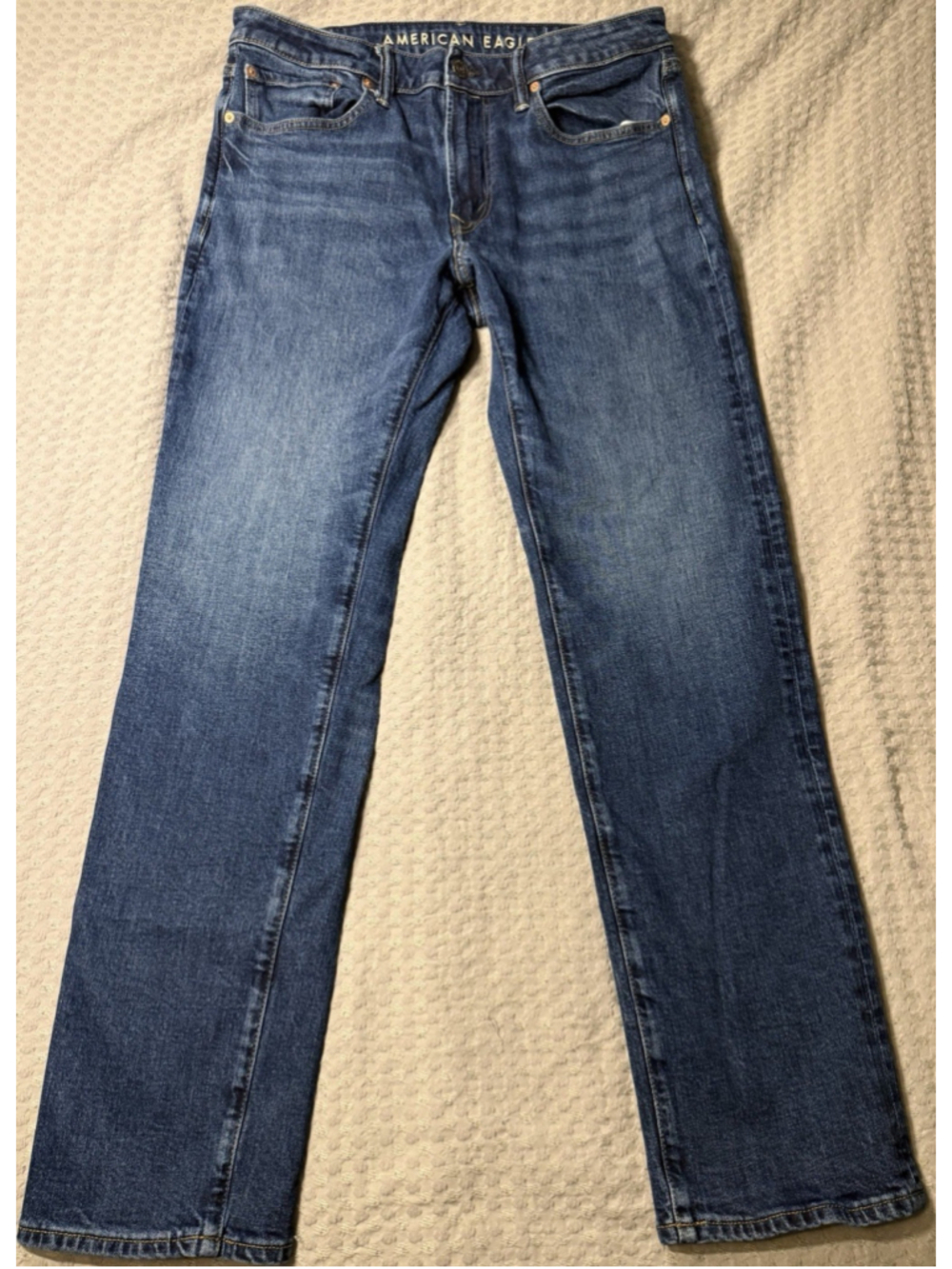 American Eagle Jeans Men’s 34x34 Blue Whiskered Relaxed Fit Straight Leg Stretch
